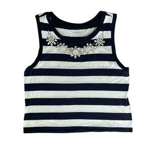 Express Striped Navy and White Sleeveless Women’s Top, Embellished Neckline, S
